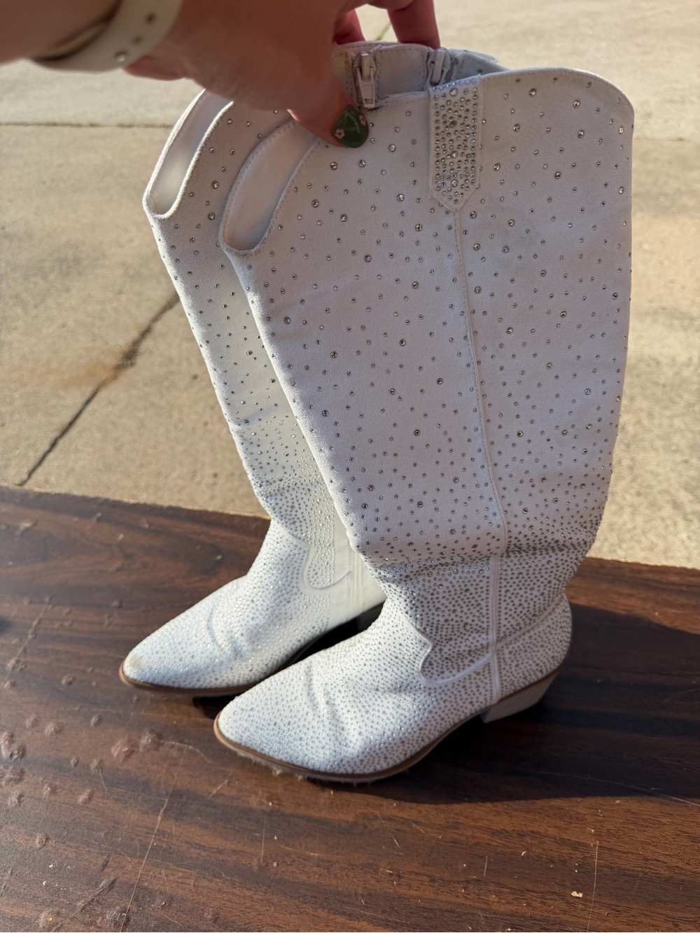 Buckle White Rhinestone Embellished Western Heeled Boots